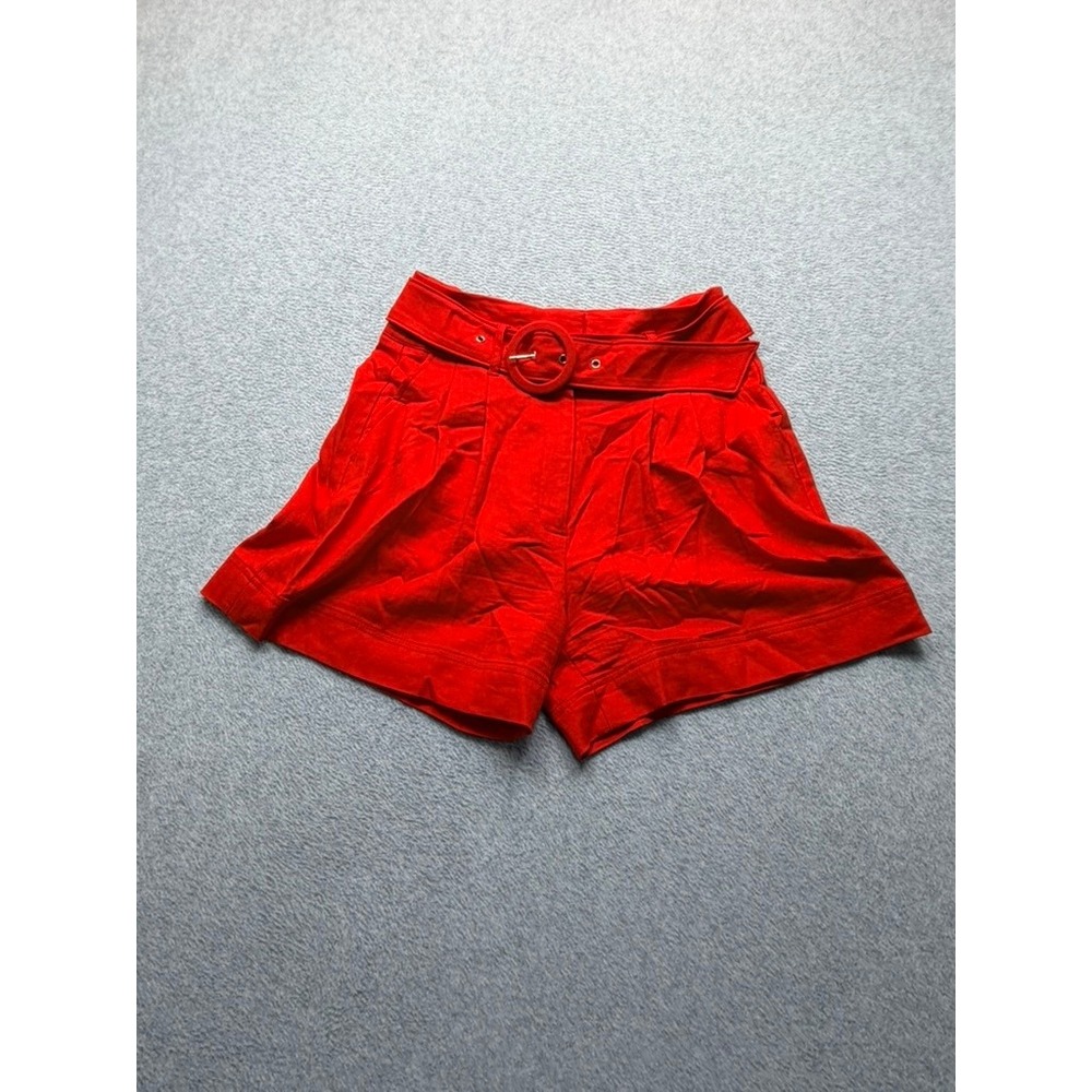 Red High Waisted Belted Pleated Shorts with Pockets and Circle Buckle